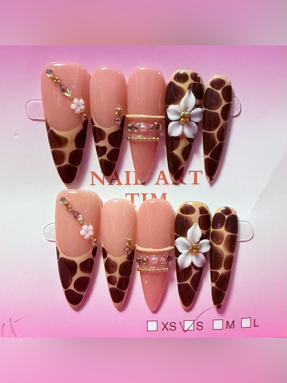 Giraffe Print Almond Press-On Nails in Nude Pink with Floral Accent